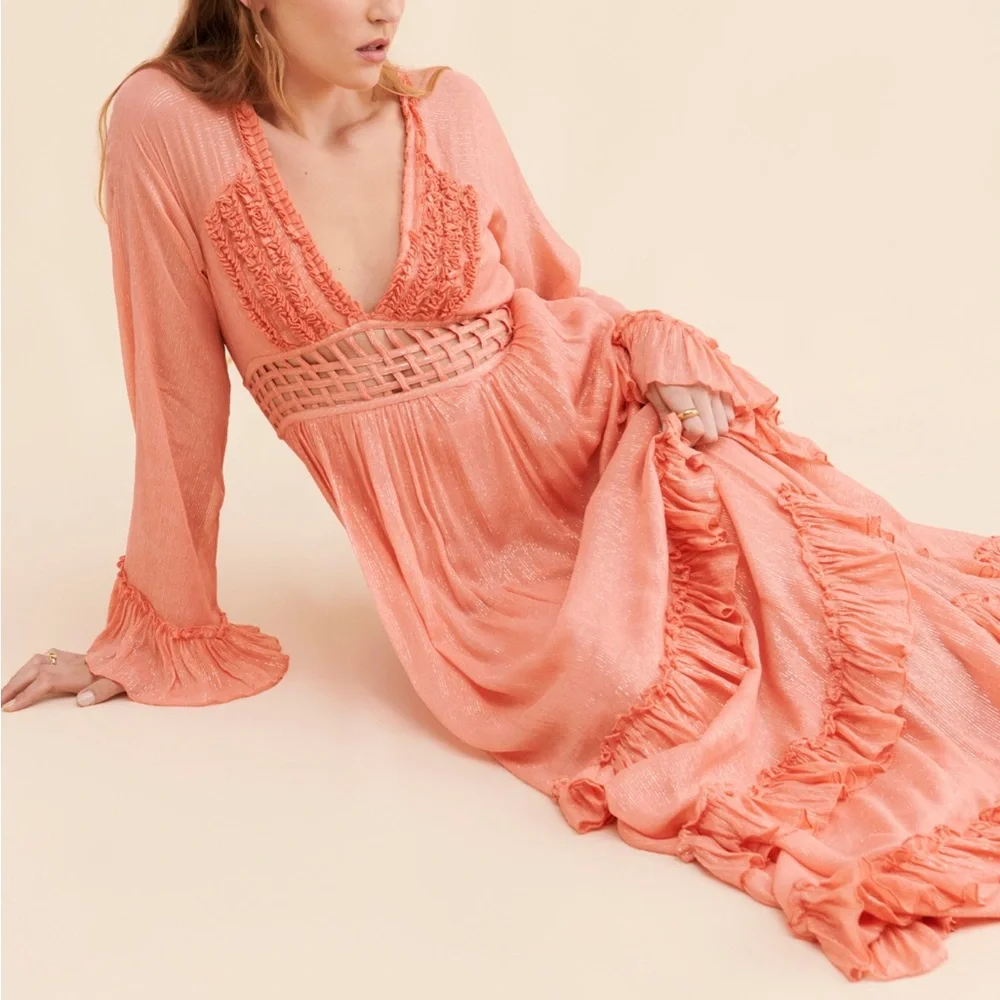 Free People Coral Pink Maxi Dress with Ruffle Tiers - Picture 2 of 4